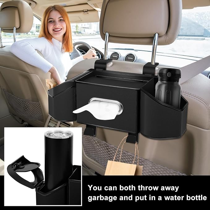 7-In-1 Car Seat Back Organizer with Cup Holders, Tissue Box, Garbage Can&Hooks, Multifunctional Headrest Storage Organizer, Headrest Cup Holder for Backseat, Car Accessories for Trips, Travels(Black) - Image 5