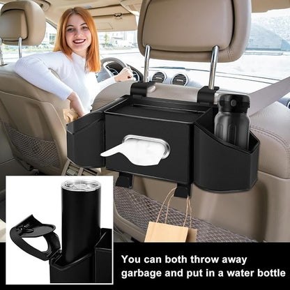 7-In-1 Car Seat Back Organizer with Cup Holders, Tissue Box, Garbage Can&Hooks, Multifunctional Headrest Storage Organizer, Headrest Cup Holder for Backseat, Car Accessories for Trips, Travels(Black) - Image 5