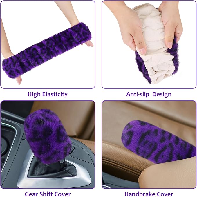 Accmor Fuzzy Car Steering Wheel Cover, Universal Fit Fur Car Wheel Cover & Handbrake Cover & Gear Shift Cover Set, Fluffy Fashion Leopard Print Auto Steering Wheel Protector for Women Girls(Purple) - Image 5