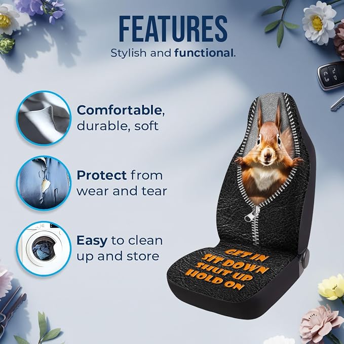 GENANY Funny Squirrel Car Seat Covers, 2-Piece Front Seat Set | 2-piece polyester front seat cover set, each 35 x 21 x 21 inches, with adjustable straps and hooks - Image 5
