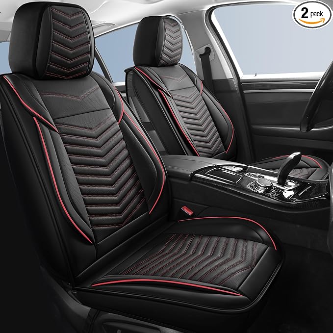 HChengkikz Front Car Seat Cover, Waterproof Faux Leather (Black + Redline) | Easy Maintenance, Airbag Compatible, Universal Fit For Most SUVs Trucks Pick-ups Sedans by HChengkikz