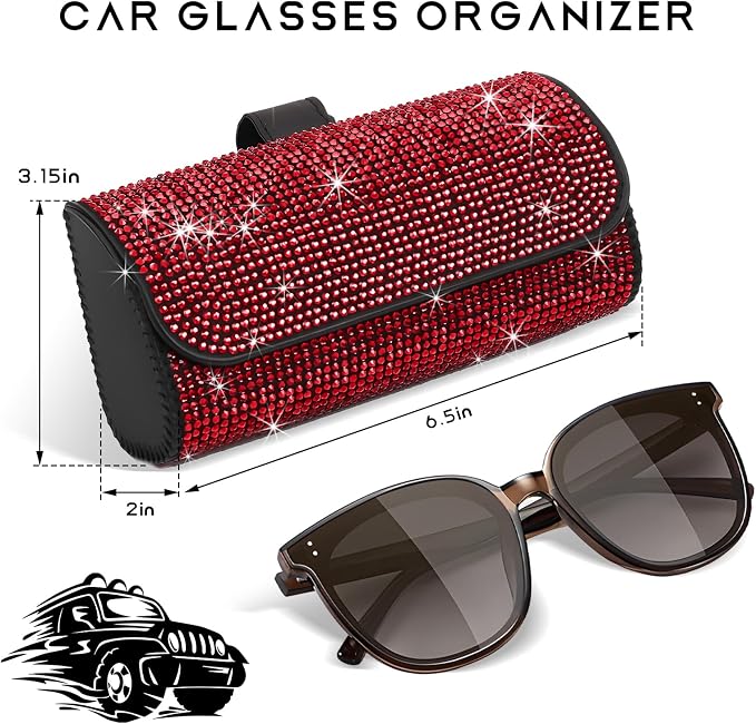 Sunglasses Holder for Car Sun Visor, Bling Leather Eyeglasses Visor Storage Case with Hidden Magnetic Closure, Sparkling Auto Visors Protective Organizer Storage Box (Red) - Image 2