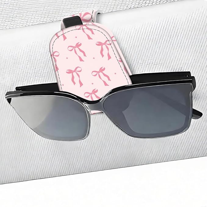 Leather Magnetic Sunglass Holder for Car Sun Visor, Cute Eyeglass Ticket Card Hanger Clip, Universal Auto Interior Accessories for SUV Pickup Truck, Pink Bow by Unknown