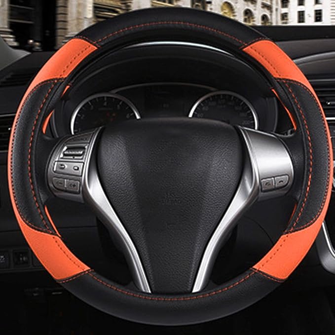 Leather Car Steering Wheel Cover, Universal Fit for Most Cars, Orange-2 | Microfiber Leather,Non-Slip Breathable Auto Steering Wheel Protector - Image 4