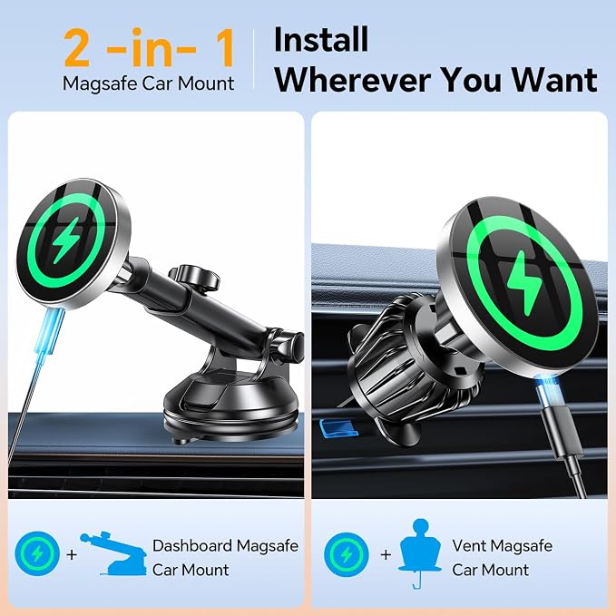 Coolpow for MagSafe Car Mount Charger【Ultra Magnet】 Magnetic Phone Holders for Your Car Charger【Windshield+Vent+Dash】 Magnetic Wireless Car Phone Holder Charger Car Mount for iPhone 17 (Gray) - Image 2