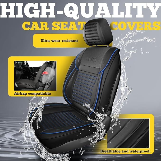 Front Car Seat Covers, Faux Nappa Leather for Sedan SUV, 2 Seats | Waterproof, Breathable and Airbag Compatible, Helps Reduce Slipping, Blue+Black - Image 6