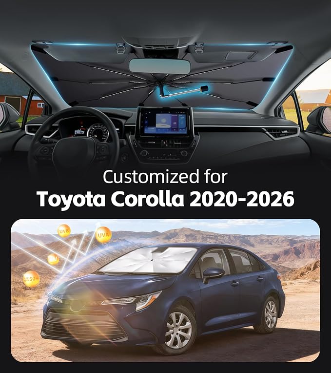Windshield Sun Shade for Toyota Corolla 2020-2026 with 360° Rotating Shaft | Custom Fit Umbrella Sunshade for UV Blocking, Interior Heat Protection, Easy Storage, UPF 50+ Cool Windshield Cover - Image 2
