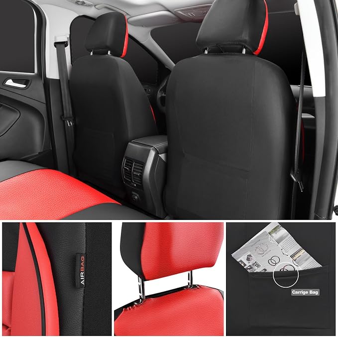 CAR PASS Leather Car Seat Covers Front Seats Only, Universal Fit Automotive Interior Waterproof 3D Foam Back Support Car Seat Covers for Trucks Vans and SUVs Airbag Compatible 2 Pieces （Black Red - Image 4