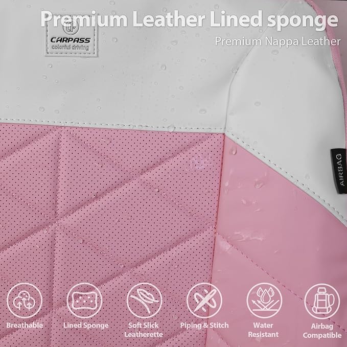 CAR PASS Memory Foam Leather Seat Covers Full Set, Breathable Luxury Perforated Nappa Leather Seat Covers Universal Fit for Car,SUV,Truck Seat Covers Thick 3D Foam Comfort,Airbag Compatible Pink White - Image 6