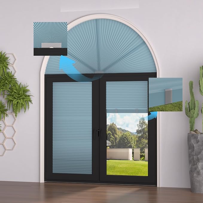 Myshade Arch Window Shades Half Circle Light Filtering Cellular Shades Cordless No Drill Blinds for Windows Half Moon Honeycomb Fabric No Tools Shades Easy Install (2PCS Blue 24" W X 12" H) - Image 7