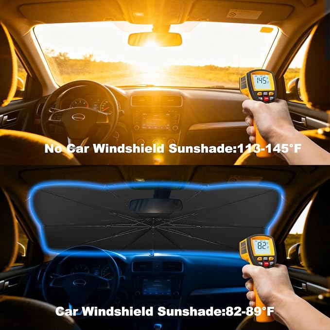 Windshield Sun Shade Umbrella Vinyl Titanium Silver Coating Heat Shield | 55 × 31.5 (in); 6 layers of thermal insulation and cooling materials; Concave umbrella reflects more heat; UV protection - Image 2