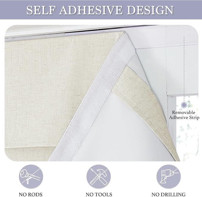 RYB HOME Natural Linen Textured French Door Window Curtains 100% Blackout | Self Adhesive, Thermal Insulated Privacy Energy Saving, Shades for Nursery Office Patio Glass Door, W26 x L69, 1 Panel - Image 2