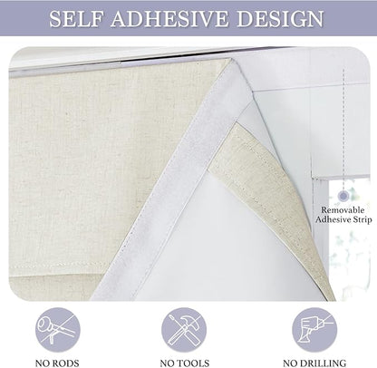 RYB HOME Natural Linen Textured French Door Window Curtains 100% Blackout | Self Adhesive, Thermal Insulated Privacy Energy Saving, Shades for Nursery Office Patio Glass Door, W26 x L69, 1 Panel - Image 2