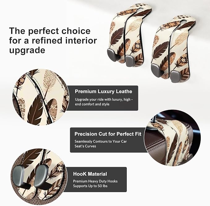 CoBak Purse Hook for Car - Universal Premium Stitched Leather and Aluminum-Magnesium Alloy Double Car Seat Back Storage Hook for Purses, Handbags, Bags (2 Pack),Feather - Image 2