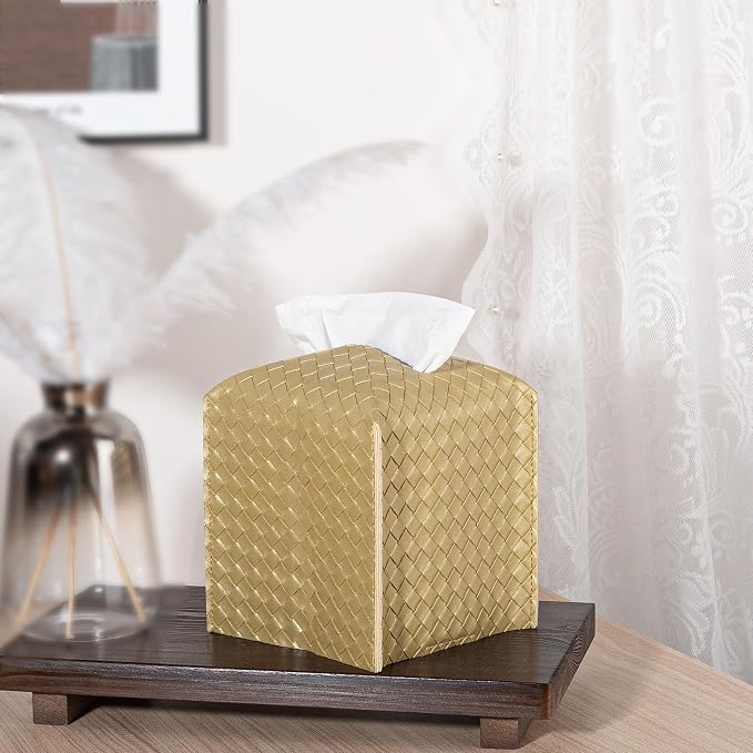 Tissue Box Cover Square Leather Facial Paper Holder, Gold | PU Leather，Easy to Fill, Easy Clean, Decorative Cube Tissue Box Holder for Office, Bathroom,Kitchen, Living room, Guest room - Image 2