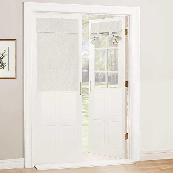RYB HOME Natural Linen Textured French Door Window Curtains 100% Blackout | Self Adhesive, Thermal Insulated Privacy Energy Saving, Shades for Nursery Office Patio Glass Door, W34 x L40, 1 Panel by RYBHOME