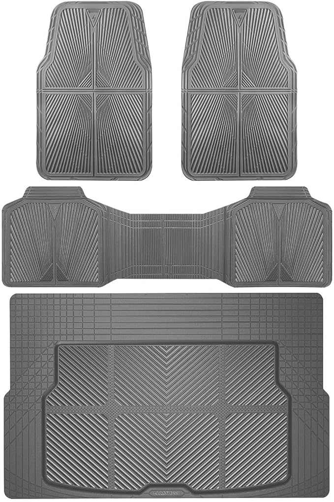 CAR PASS Gray Rubber Floor Mats&Cargo Liner,Waterproof Truck Mats Heavy Duty,All Weather Trim-to-Fit Automotive Mat for Car Truck SUV,Anti-Slip Easy Clean Durable,Full Set 5-Piece,3D Emboss All Grey by CARPASS