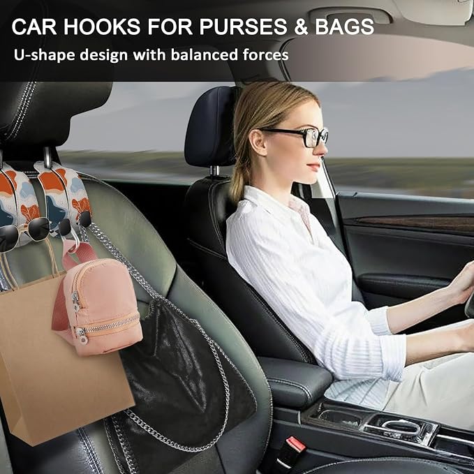 Blusabaca 2PCS Car Seat Headrest Hooks, Purses Bags Holder, Abstract Leaf | PU Leather, Double Metal Back Storage Hangers for Grocery Bags Handbags Bottles Coats Phones, Car Accessories Organization - Image 2