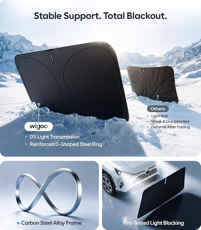 Wigoo Windshield Sunshade X-Large(69"x38") | Better Coverage with Adjustable Center, 100% Light Blocking, Cooling Tech Durable Fabric, Includes Storage Bag, Odor-free - Image 6