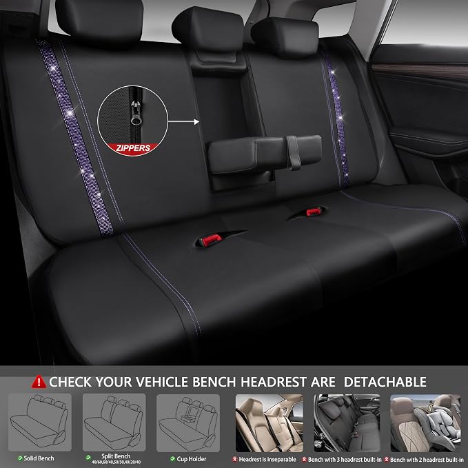 CAR PASS Bling Diamond Car Seat Covers Full Set,Shining Rhinestone Waterproof Faux Leather,Rear with Zipper,Universal Fit Automotive Glitter Crystal Sparkle Strips for Women,Violet Purple Rhinestone - Image 4