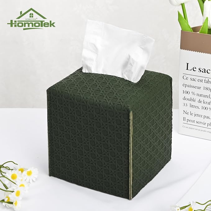 HOMOTEK 2 Pack Tissue Box Cover, Square PU Leather Tissue Holder, Decorative Facial Tissue Cube Paper Organizer Dispenser for Bathroom, Night Stands, Desk, Car 5X5X5'' - Rattan Weave,Emerald Green - Image 3