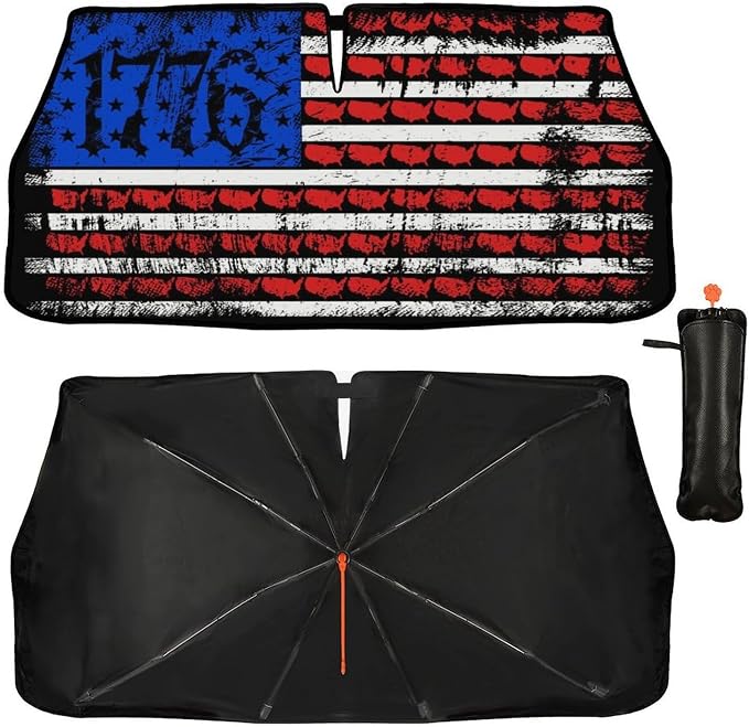 Socira Retro USA American Flag Car Windshield Sunshade Umbrella Car Foldable Umbrella Sunshade for Front Window UV Reflector Auto Windshield Umbrella Sun Shades Cover for Most Vehicles 57'' X 30'' by Socira