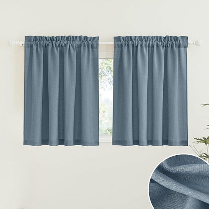RYB HOME Sheer Curtains for Bedroom, Linen Wave Texture Semitransparent Voile Curtain Drapes Rod Pocket Window Treatment for Dining Room Bathroom Bedroom, Stone Blue, W52 x L45 inch, Set of 2 Panels by RYBHOME