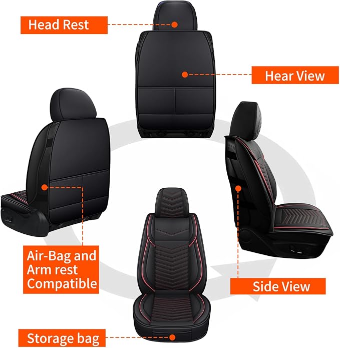 HChengkikz Front Car Seat Cover, Waterproof Faux Leather (Black + Redline) | Easy Maintenance, Airbag Compatible, Universal Fit For Most SUVs Trucks Pick-ups Sedans - Image 7