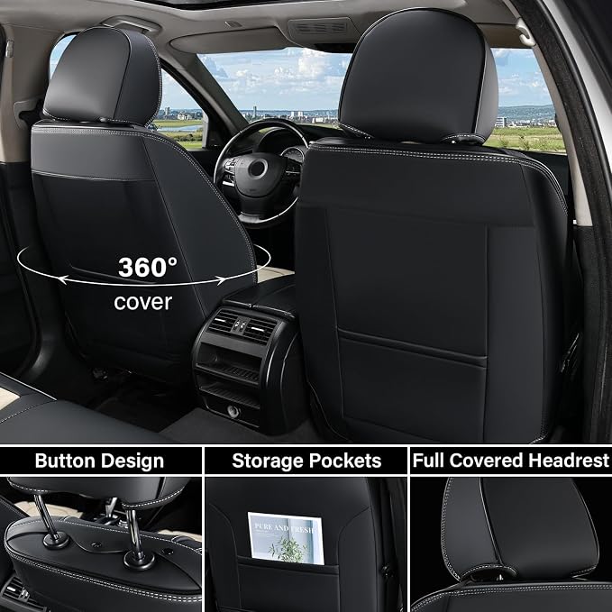 Coverado Front Seat Covers, Car Seat Covers Front Seats, Leather Seat Covers for Cars, Automotive Seat Covers Car Seat Protector Car Accessories Fit for Most Sedans SUV Pick-up Truck(Black&Beige) - Image 2