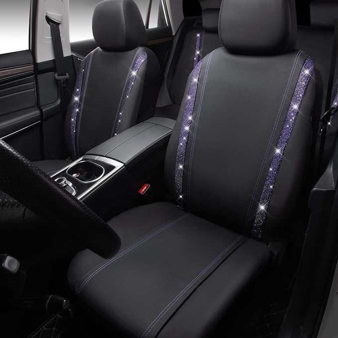 CAR PASS Bling Diamond Car Seat Covers Full Set,Shining Rhinestone Waterproof Faux Leather,Rear with Zipper,Universal Fit Automotive Glitter Crystal Sparkle Strips for Women,Violet Purple Rhinestone - Image 7
