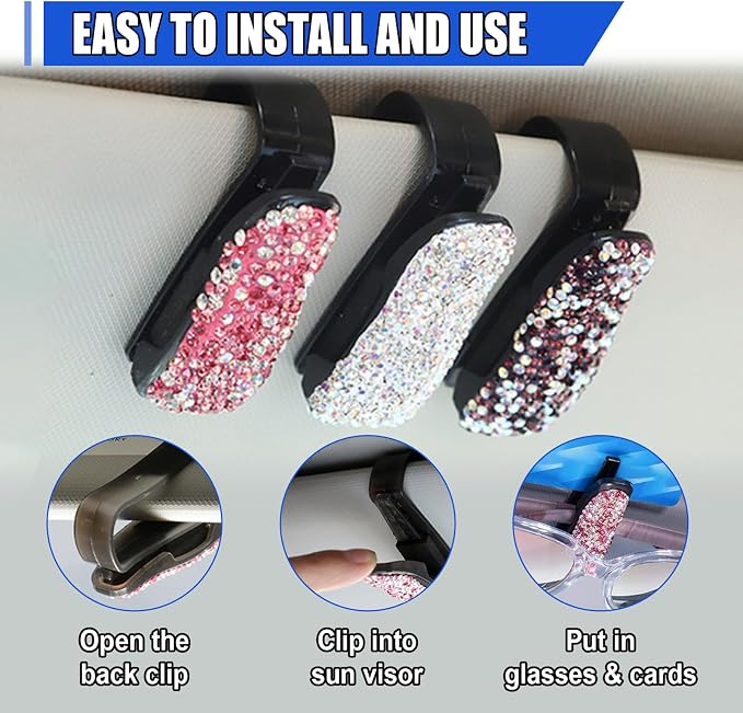 2PCS Bling Sunglass Holder for Car Sun Visor, Crystal Rhinestone Car Eyeglasses Hanger Mount with Ticket Card Clip, Fashion Auto Visor Decoration Accessories for Women Girls (Pink) - Image 5