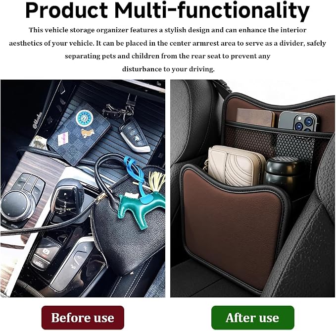 Car Organizer Storage Between Seats, Car Purse Holder, Nappa Leather Front Seat Storage Bag with Tissue Holder, Large Capacity Auto Console Organizer for Document Phone Wallet Snack (Brown) - Image 4