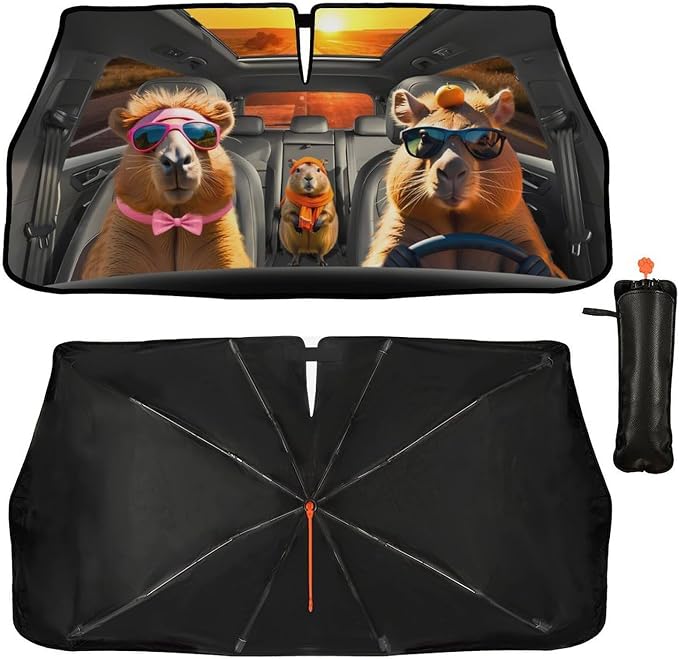 Funny Fun Capybara Car Windshield Sunshade Umbrella Car Foldable Umbrella Sunshade for Front Window UV Reflector Auto Windshield Umbrella Sun Shades Cover for Most Vehicles 57'' X 30'' by Socira