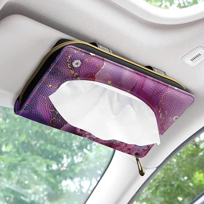 Biyejit 2 Pack Car Tissue Holder, Pink Marble Floral PU Leather Hanging Paper Towel Box, Auto Napkin Holder Cover Paper Tissue Dispenser for Sun Visor & Backseat Vehicle - Image 2