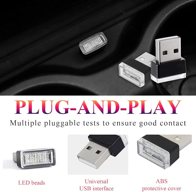 Yourkar 4 PCS USB LED Car Interior Atmosphere Lamp, Plug-in USB Interface Trunk Ambient Lighting Kit, Night Led Decoration Mini USB Light, Universal Interior Car Accessories (White) - Image 3
