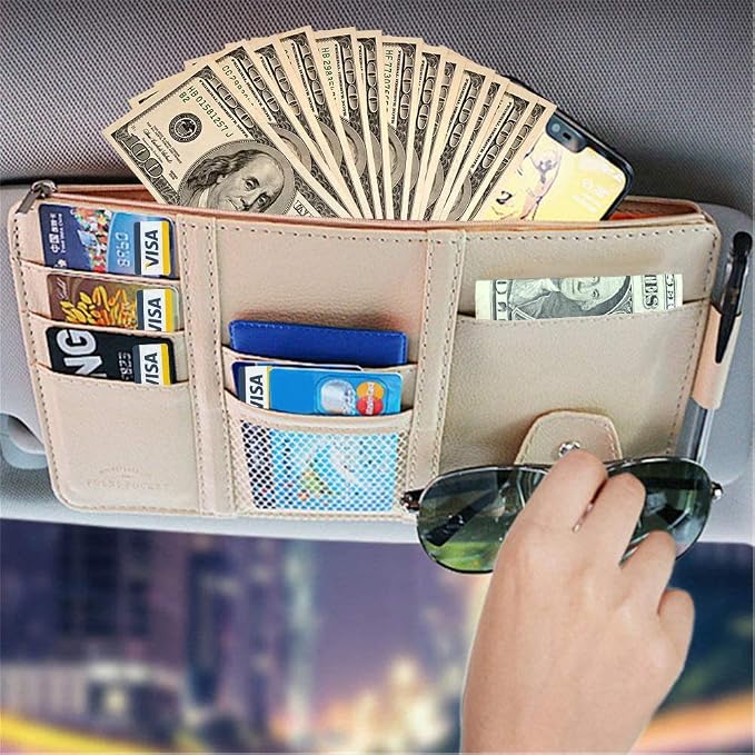 Car Sun Visor Organizer, Auto Car Interior Leather Accessories Storage Pocket Sun Visor Pouch Case Bag for Card License Registration Pen Mobile Phone Bill Note Key Document (Beige) - Image 7