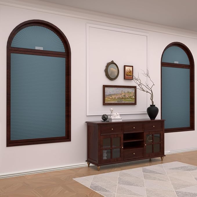 Myshade Arch Window Shades Half Circle Blackout Cellular Shades Cordless No Drill Blinds for Windows Half Moon Honeycomb Fabric No Tools Room Darkening Shades Easy Install (1PCS Blue 48" W X 96" H) - Image 2