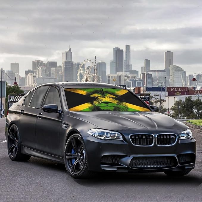 Jamaican Flag Lion Car Windshield Sun Shade Umbrella Automotive Windshield Sunshade Foldable Front Car Accessories Interior Decor to Keep Vehicle Cool for Most Vehicles 57'' X 30'' - Image 3