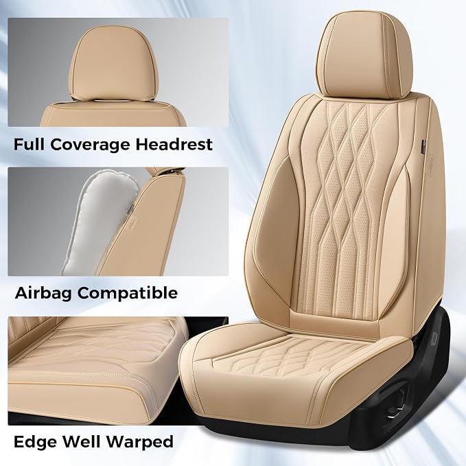 Coverado Seat Covers FullSet, 5 Seats Car Seat Protector, Waterproof Nappa Leather Cushion, Front & Rear Fit for Most Sedans SUV Pick-up Truck-Beige - Image 5