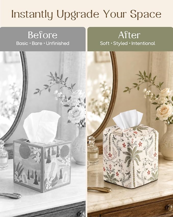 Chenille Tissue Box Cover - Vintage Farmhouse Decor, Coastal Palm | Tissue Box Cover Square, Cube Tissue Holder, 4.5x4.5x5.5 in, Home, Living Room, Bathroom, Bedroom, Office, Vanity, Car Decor - Image 4
