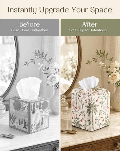 Chenille Tissue Box Cover - Vintage Farmhouse Decor, Coastal Palm | Tissue Box Cover Square, Cube Tissue Holder, 4.5x4.5x5.5 in, Home, Living Room, Bathroom, Bedroom, Office, Vanity, Car Decor - Image 4