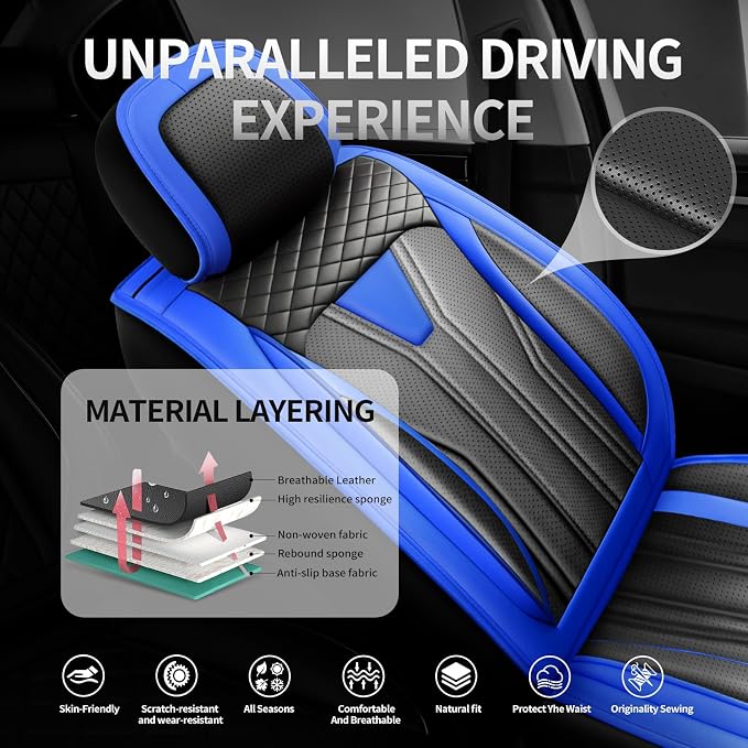 Fit Venza Premium Leather Car Seat Covers for Toyota Venza 2009-2025 2026 - Waterproof，Breathable，All-Weather Seat Cushion Protecto & Airbag Compatible, Full Set Blue&Black - Image 2