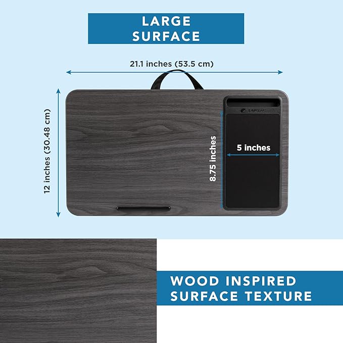 LAPGEAR Home Office Lap Desk – Gray Woodgrain, Fits 15.6” Laptops | Built-In Mouse Pad & Phone Slot, Integrated Device Ledge, Dual-Bolster Microbead Cushion, Carry Handle - Image 5