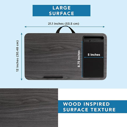 LAPGEAR Home Office Lap Desk – Gray Woodgrain, Fits 15.6” Laptops | Built-In Mouse Pad & Phone Slot, Integrated Device Ledge, Dual-Bolster Microbead Cushion, Carry Handle - Image 5