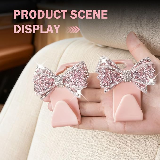 2 PCS Bling Bow Purse Hook for Car, Cute Seat Headrest Hooks, Automotive Interior Decoration Accessories, Universal for Most Cars, Trucks, SUVs (Pink) - Image 5