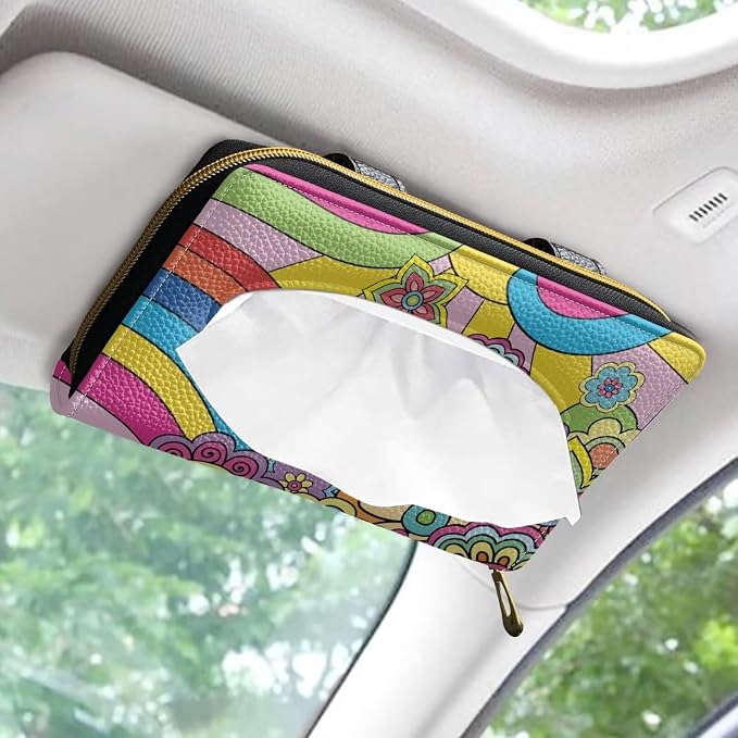 Biyejit Car Tissue Holder, Hippie Flowers Sun Visor Napkin Holder, Car Visor Tissue Holder, PU Leather Backseat Tissue case Holder for car, Vehicle - Image 2