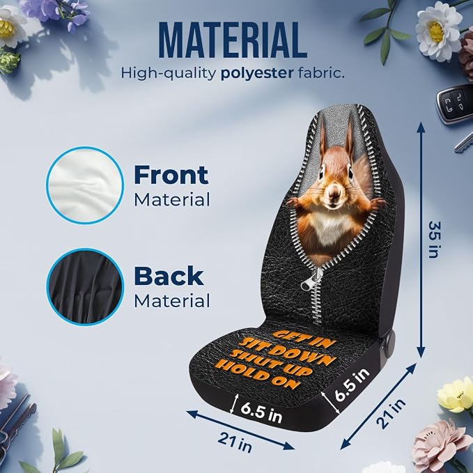 GENANY Funny Squirrel Car Seat Covers, 2-Piece Front Seat Set | 2-piece polyester front seat cover set, each 35 x 21 x 21 inches, with adjustable straps and hooks - Image 4