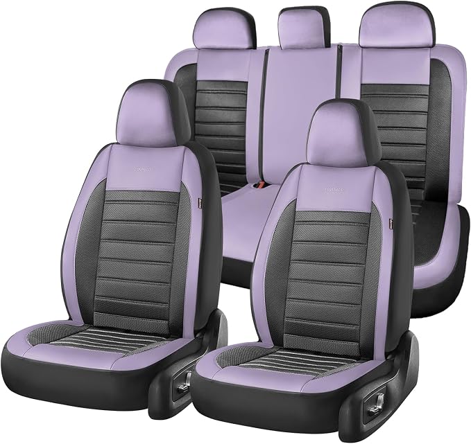 Coverado Car Seat Covers Full Set, Luxury Leather Car Seat Covers, Automotive Front and Rear Mesh Seat Covers, Full Set 5 Seats, Purple&Black Seat Covers for SUV Sedan Truck by COVERADOAUTO