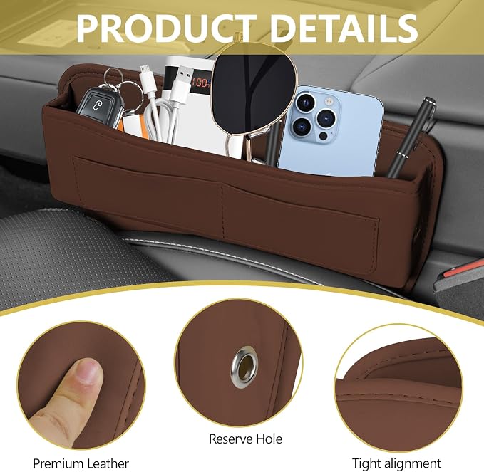 Car Seat Gap Filler Organizer with Card Holder, Leather Center Console Side Seat Gap Storage Box, Automotive Seat Organizer with Pocket for Glasses Phone Card, Car Accessories (Brown) - Image 4