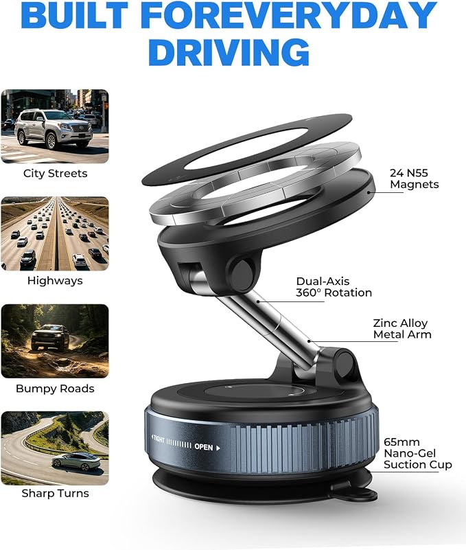 Jononser Magnetic Car Phone Holder for MagSafe, Nano-Gel Suction Cup Car Phone Mount for Car Dashboard & Windshield, Pocket-Size Foldable 360° Adjustable Car Mount for iPhone 17 16 15 14 13 12 Series - Image 5